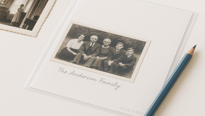 Flat-lay of a vintage family photo on an acid-free sleeve with a soft pencil nearby, styled on a neutral white background in soft, bright lighting.