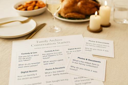 Conversation sheet and cards on Thanksgiving table.