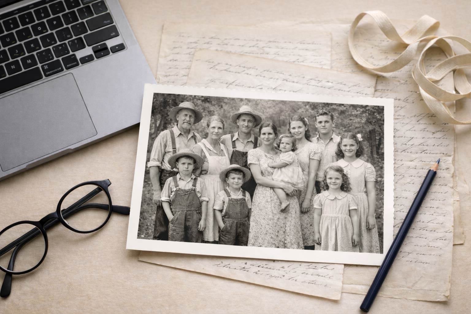 Vintage black and white family photograph laid on handwritten letters beside a laptop, pencil, ribbon, and eyeglasses, illustrating the process of organizing, preserving, and connecting family archive materials.