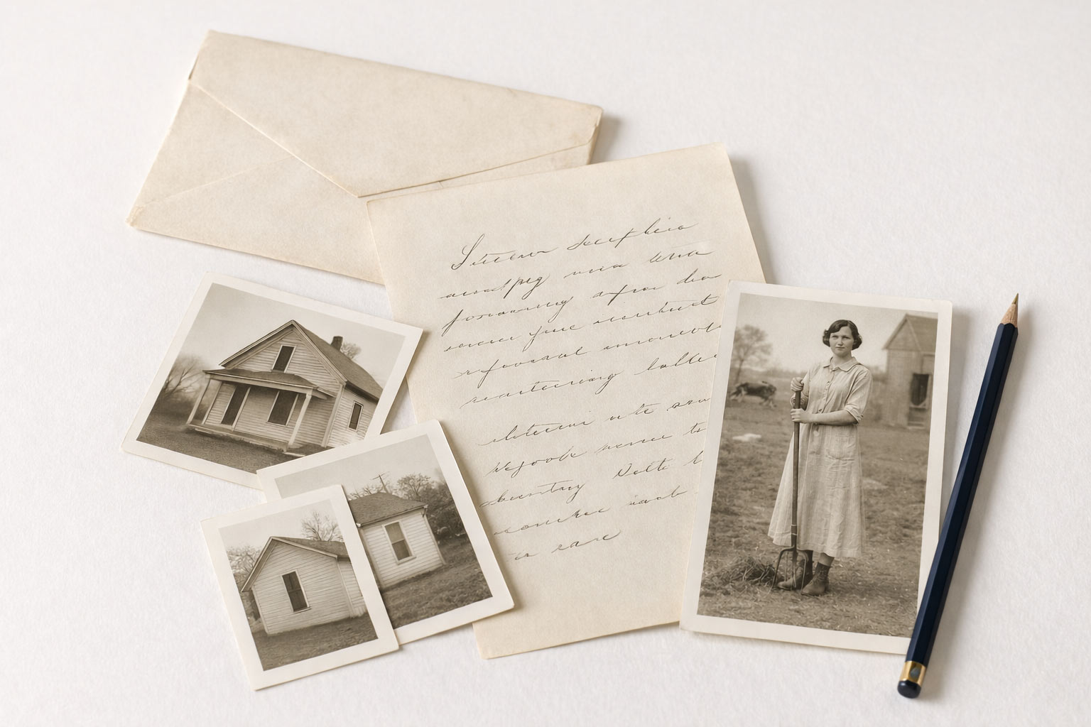 Vintage family photographs, including early 20th century home images and a farm portrait, arranged with a handwritten letter, cream envelope, and pencil on a light background, representing organizing and preserving family history materials.