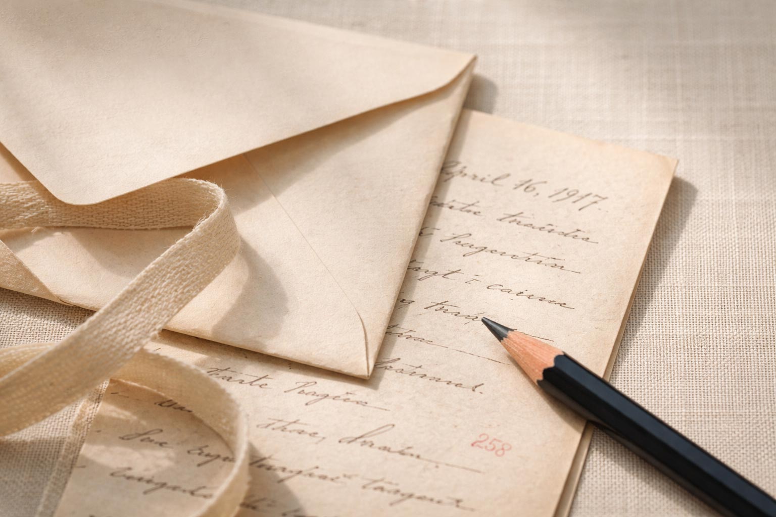 Close-up of a handwritten letter with cream envelopes, cotton twill tape, and pencil on a linen surface, representing careful handling and preservation of family documents.