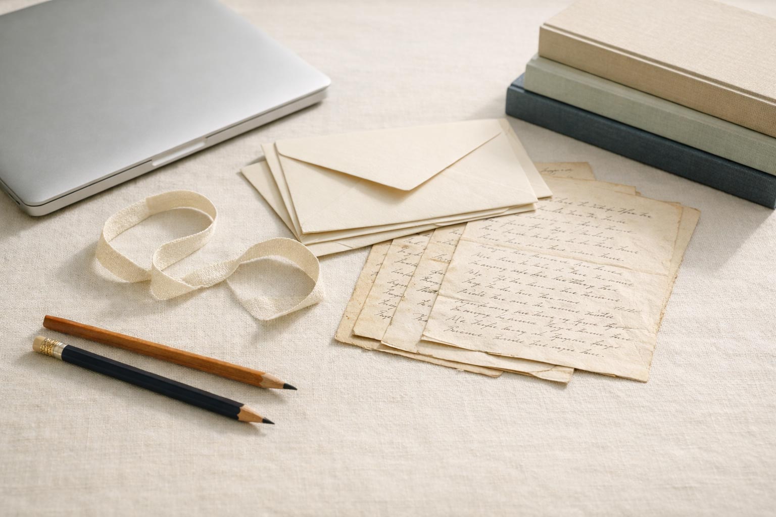 Family archive workspace with handwritten letters, cream envelopes, cotton twill tape, pencils, archival boxes, and a laptop on a linen surface, illustrating the process of organizing and preserving family photos and documents.