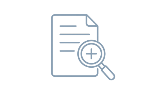 Line icon of a document with a magnifying glass representing grouping related family photos and documents as the second step of the Family Archive Blueprint.
