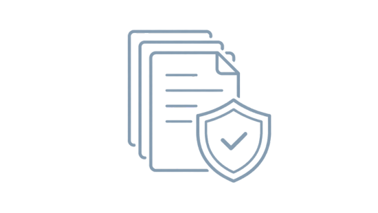 Line icon of stacked documents with a shield and checkmark representing organizing family photos and papers into a clear system as the third stage of the Family Archive Blueprint.