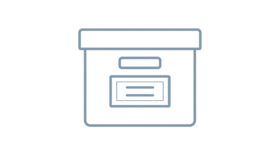 Line icon of a labeled storage box representing placing organized family photos and documents into proper archival storage as the fourth stage of the Family Archive Blueprint.