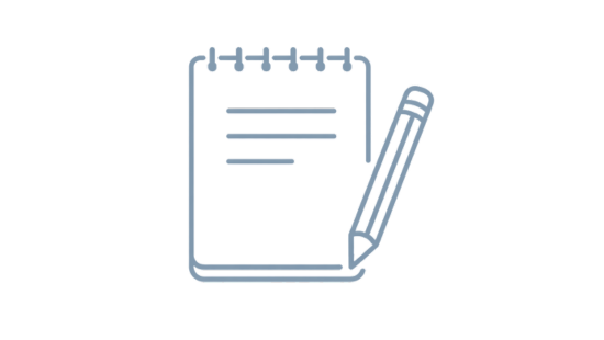Line icon of a notebook and pencil representing documenting details, context, and provenance of family photos and records as the fifth stage of the Family Archive Blueprint.