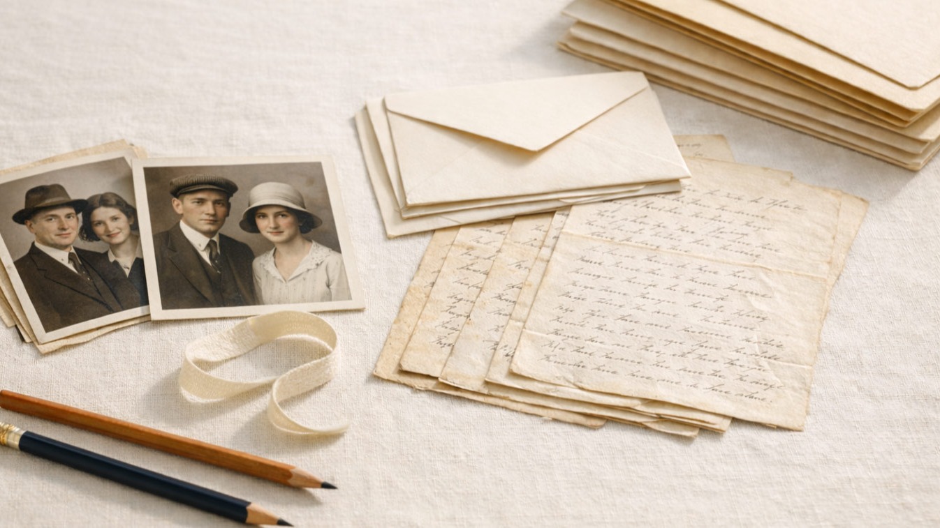 Vintage family photographs, handwritten letters, cream envelopes, cotton twill tape, and pencils arranged on a light fabric surface, representing the careful organization and preservation of family photos and correspondence.