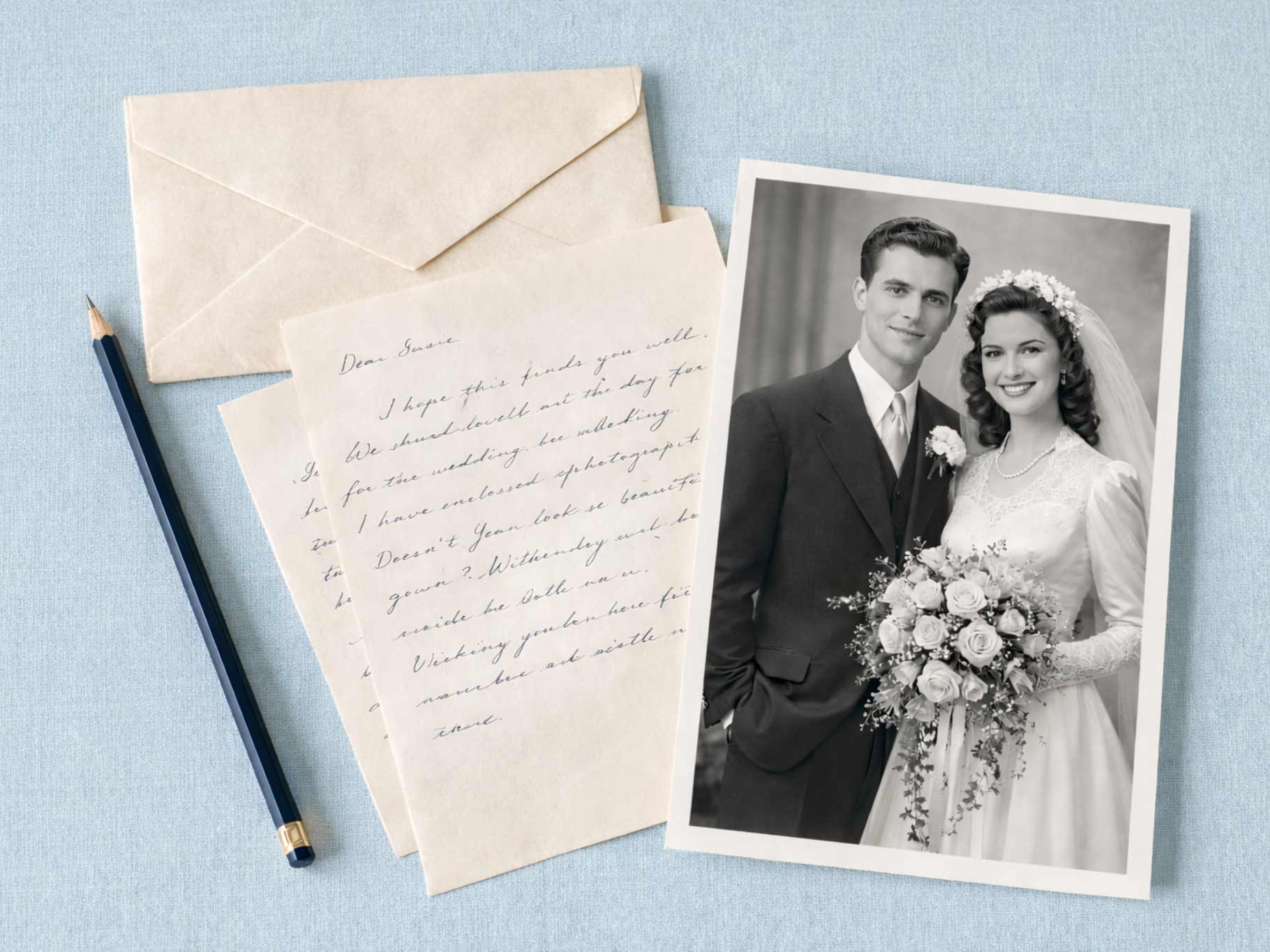 Vintage black and white wedding photograph placed beside a handwritten letter, cream envelope, and pencil on a soft blue linen background, representing preserving and documenting meaningful family photographs and correspondence.
