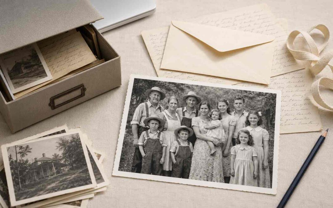 A black-and-white photo of a large farm family (parents, grandparents, and children) posing outdoors, on a linen surface with old handwritten letters, a cream envelope, a stack of old photos, a storage box filled with photos and letters, cotton twill tape, and a pencil.