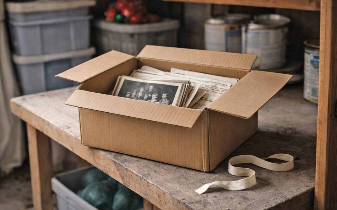 A cardboard box filled with old family photographs and papers sitting in a dusty attic or storage space, illustrating how improper storage environments can damage family archives over time.